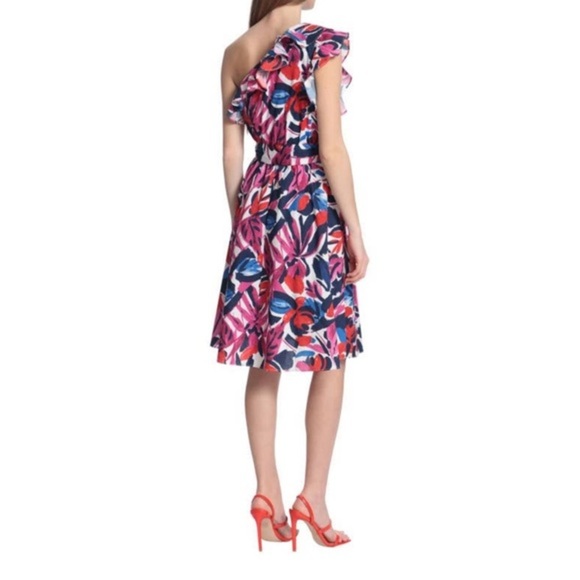 NWOT Donna Morgan Red & Blue Abstract One Shoulder Ruffle Midi Dress 14 - Picture 2 of 8